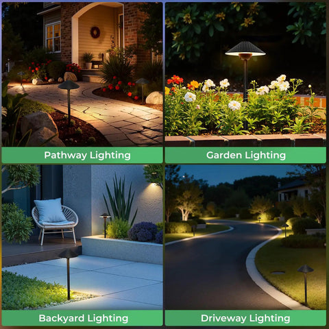 Image showcasing Low Voltage Outdoor LED Path Lights 12V 4W 2700K illuminating pathways, garden, backyard, and driveway at night.