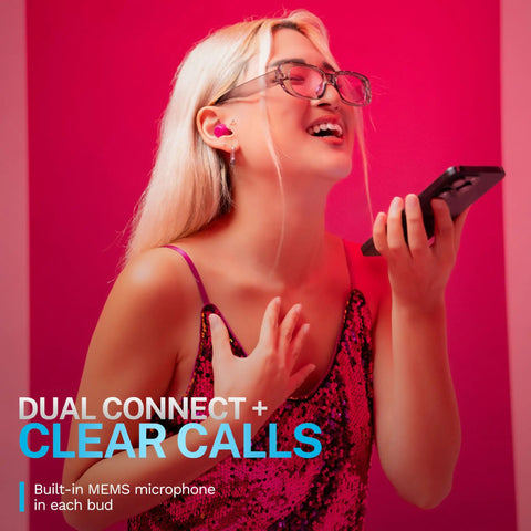 Person using Go Pop ANC True Wireless Earbuds With Charging Case In Fuchsia, Active Noise Cancelling, in a vibrant setting