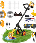 Beast Cordless Electric Weed Wacker With Wheels 4 In 1 Grass Trimmer Brush Cutter Edger And Small Lawn Mower Battery Powered 4000mAh 2 Batteries Yellow shown with accessories