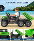 Child riding 24V Dual Motor 2 Seater Ride On Dump Truck for Big Kids on beach with dump bed raised, showing 6 wheels