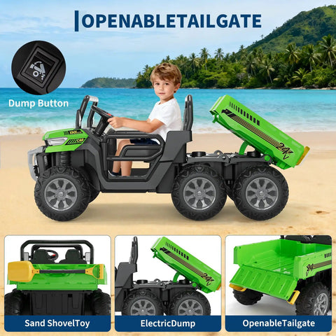 Child riding 24V Dual Motor 2 Seater Ride On Dump Truck for Big Kids on beach with dump bed raised, showing 6 wheels