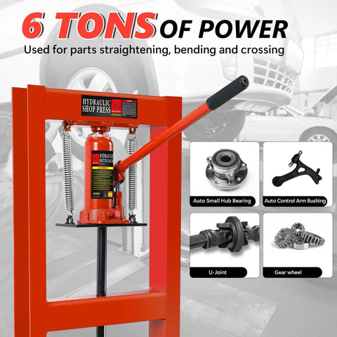 6 Ton H Frame Hydraulic Shop Press For Garage Floor With Adjustable Height And Stamping Plates To Bend, Straighten, Or Press