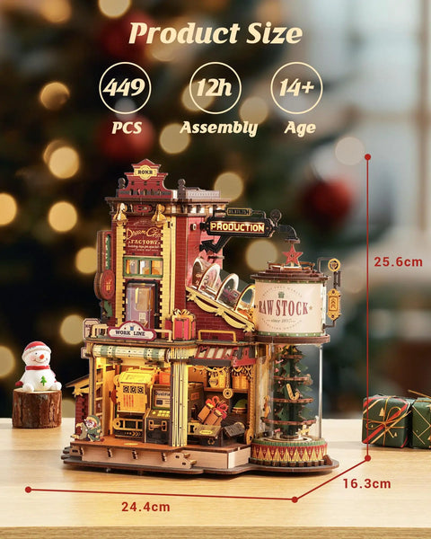 3D Wooden Puzzle Kit For Adults Gift Factory Mechanical Model With Music And Lights 449 Pieces; dimensions shown; festive backdrop