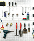 80 Piece Pegboard Hook Set With Bins And Locks For DIY Tool Organization, 13 Types Including Straight, Curved, Angled Hooks And Bins on pegboard.