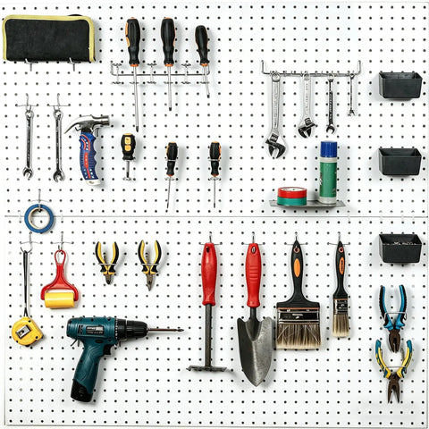 80 Piece Pegboard Hook Set With Bins And Locks For DIY Tool Organization, 13 Types Including Straight, Curved, Angled Hooks And Bins on pegboard.