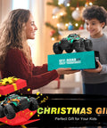 Woman gifting boy All Terrain One Sixteenth Scale RC Monster Truck With LED Lights, Rechargeable Battery, High Speed Off Road Fun