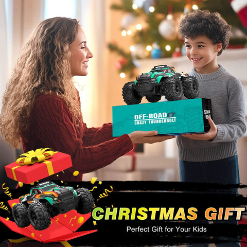 Woman gifting boy All Terrain One Sixteenth Scale RC Monster Truck With LED Lights, Rechargeable Battery, High Speed Off Road Fun