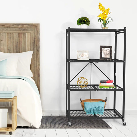Straight Up Heavy Duty 4 Tier Foldable Steel Storage Rack In Black, Commercial Grade Shelving Unit With No Fuss Snap Together Setup, Multi Functional Organizer For Home Garage Or Basement