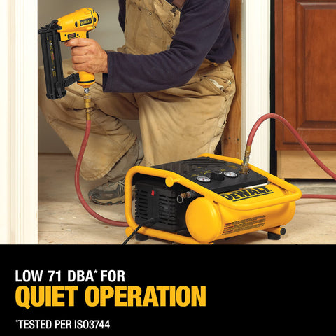 Person using Compact 135 PSI Air Compressor With 1 Gallon Tank And Two Point Six Amp Motor Super Handy For Finish Carpenters And Woodworkers Quiet