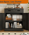 Front view of Beefy Heavy Duty Metal Storage Cabinet With One Drawer And Adjustable Shelf, black with open doors, filled with books and files.