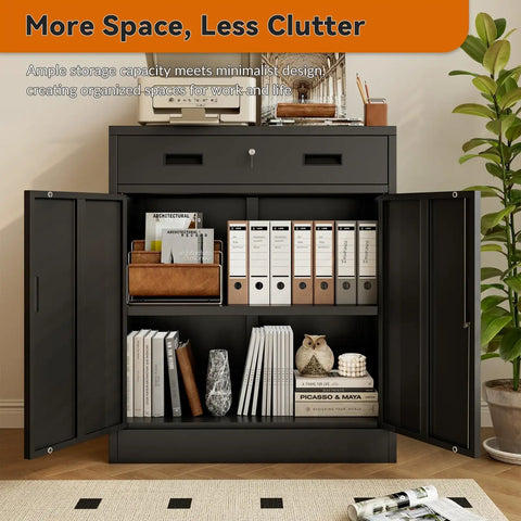 Front view of Beefy Heavy Duty Metal Storage Cabinet With One Drawer And Adjustable Shelf, black with open doors, filled with books and files.