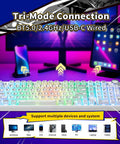 Badass Wireless Mechanical Keyboard With Triple Mode Connectivity And A Massive 8000mAh Battery Featuring Creamy Thocky Switches laid out on a colorful desk.