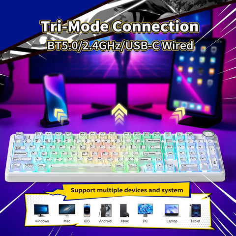 Badass Wireless Mechanical Keyboard With Triple Mode Connectivity And A Massive 8000mAh Battery Featuring Creamy Thocky Switches laid out on a colorful desk.