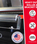 Installed galvanized steel roller bracket set for conveyor system; 21 in long, 1.9 in diameter, 250 lb capacity.