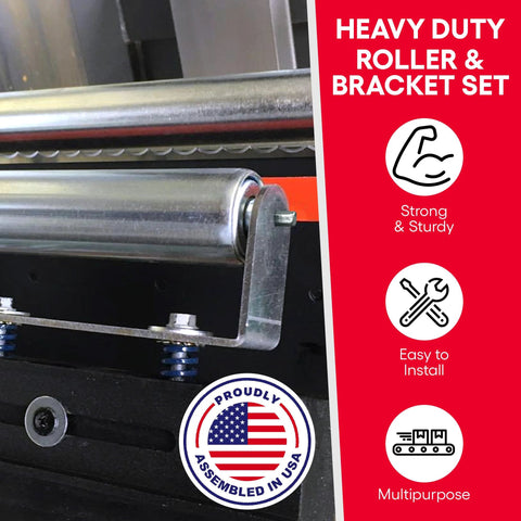 Installed galvanized steel roller bracket set for conveyor system; 21 in long, 1.9 in diameter, 250 lb capacity.