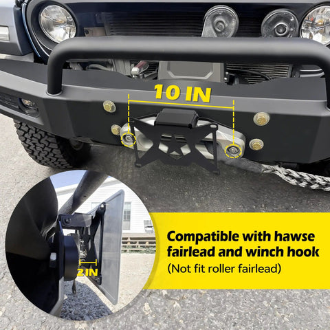 Flip Up Front License Plate Mount For 10 Inch Hawse Fairlead attached to Jeep bumper, showing compatibility and close-up view.