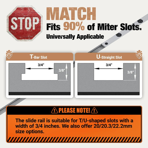 T-Bar and U-Straight slot specifications for Dead Accurate Miter Gauge For Table Saws With 36 Inch Extended Fence.