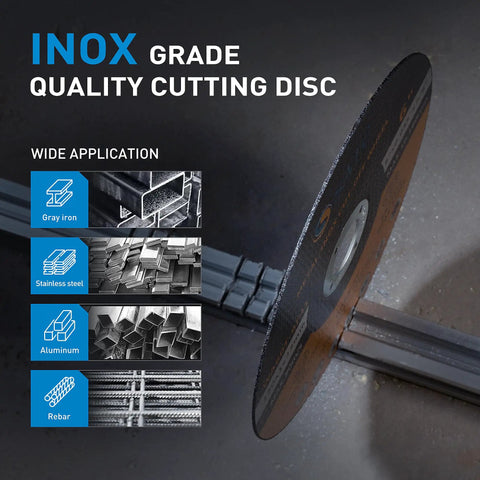 Beefy 6 Inch Cut Off Wheels For Metal And Stainless Steel, Ultra Thin 0.045 Inch Thick With 7/8 Inch Arbor, 25 Pack image showing cutting wheel and material uses.