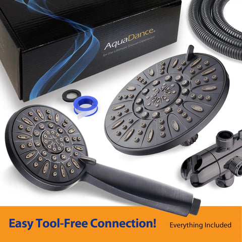7 Inch Premium High Pressure 3 Way Rainfall Shower Head Set With Stainless Steel Hose 6 Setting Rain Shower Head And Handheld For A Spa Like Pro Grade Shower Oil Rubbed Bronze Finish with components displayed.