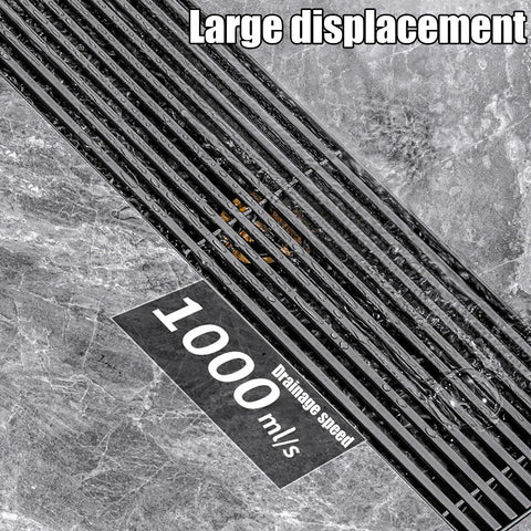 Heavy Duty Linear Shower Drain With Sleek Rectangular Grate For Effortless Center Drainage And Clog Free Removable Pan crafted for modern bathroom flooring, showing drainage speed of 1000 ml/s.
