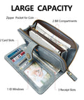 Open RFID Blocking Vegan Leather Wallet For Women With Large Capacity Card Holder And Phone Clutch Wristlet Purse For Travel And Daily Use With Zipper Closure Durable Soft Material And Anti Brassing Metal Fittings Blue showing card slots and compartments.