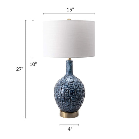Tucson 28 Inch Ceramic Table Lamp With Linen Shade For Living Room, Bedroom Or Entryway On Off Switch, End Table Lighting With Warm Ambient Glow And Cozy Vibe, showcasing blue textured ceramic base and linen shade with dimensions.
