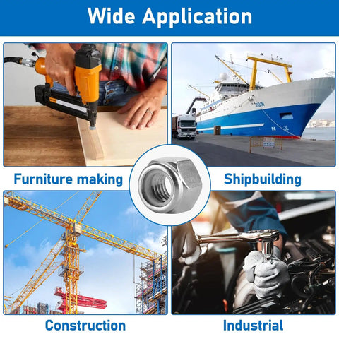 Applications of 45 Pack 3/8-16 Nylon Lock Nuts In 304 Stainless Steel A2-70 for furniture making, shipbuilding, and construction