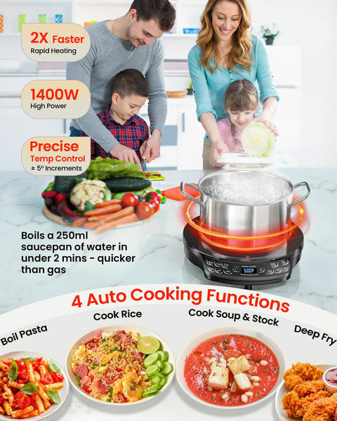 Family cooking with Portable Induction Cooktop With Probe, Diamond Edition, 91 Temp Settings, ideal for rapid heating and control.