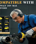 Man using Cordless Die Grinder With 20V Battery Compatibility One Quarter Inch Precision Chuck Four Speed 26000 RPM Brushless Motor For Grinding Woodworking Rust Removal Polishing Bare Tool No Battery Workhorse on metal pipe, with Dewalt 20V battery options displayed.
