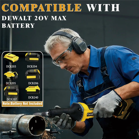 Man using Cordless Die Grinder With 20V Battery Compatibility One Quarter Inch Precision Chuck Four Speed 26000 RPM Brushless Motor For Grinding Woodworking Rust Removal Polishing Bare Tool No Battery Workhorse on metal pipe, with Dewalt 20V battery options displayed.