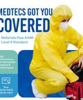 Heavy Duty Disposable Hazmat Suits Type 5 6 Chemical Protective Coveralls With Snug Elastic Hood, yellow fabric, worn during cleanup.