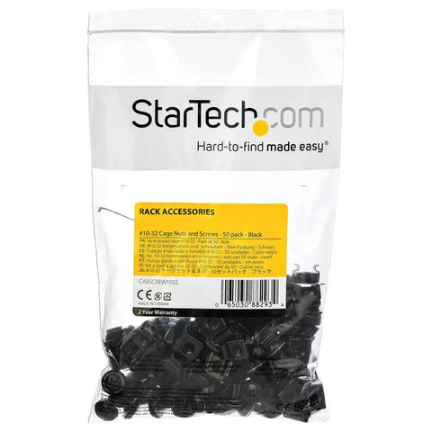 50 Pack 10-32 Screws And Cage Nuts Rack Mount Kit With Tool in clear packaging, showing black hardware components for rack installation.