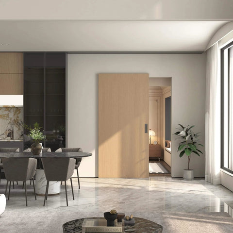 Concealed Barn Door Hardware Kit With Soft Close, Invisible Wall Mount Aluminum Track For 28 To 32 Inch Openings installed in living room