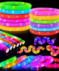 Glow Pop Tube Wand Toys For Kids And Toddlers Six Color Light Up Tubes arranged in coils with vibrant LED lights.