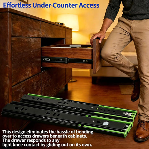 Smooth As Butter 16 Inch Push To Open Auto Rebound Soft Close Drawer Slides shown in a modern cabinet setup.