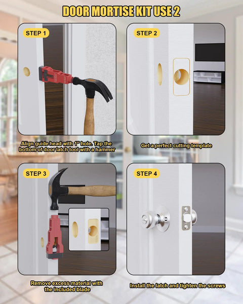 Step-by-step use of Door Latch Mortise Kit for 1-3/8 and 1-3/4 inch doors, precision scoring and chiseling tool set