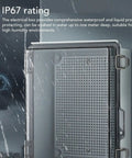 Rugged Outdoor Electrical Junction Box With IP67 ABS Enclosure, grid plate, clear cover, stainless lock, rain in background