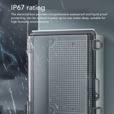 Rugged Outdoor Electrical Junction Box With IP67 ABS Enclosure, grid plate, clear cover, stainless lock, rain in background