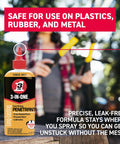 Fast Acting Penetrant Drip Oil 4 Oz bottle with red cap, shown on a wooden surface, safety label visible, used for loosening stuck parts.