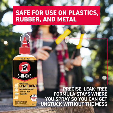 Fast Acting Penetrant Drip Oil 4 Oz bottle with red cap, shown on a wooden surface, safety label visible, used for loosening stuck parts.