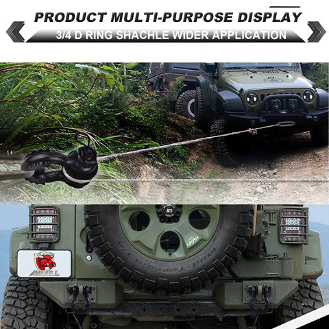 Off-road vehicle using Upgraded Snatch Block Three Quarters Inch D Ring Shackle 2 Pack With Towing Pulley on rugged terrain