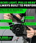 Heavy Duty Snatch Block For Winch Recovery 13.5 Ton Pulley With Aerospace Polymer Sheave And Powder Coated Drop Forged Steel Frame Built Tough For Synthetic Rope And Steel Cable Up To Three Eighths Inch American Owned Family Operated, shown with 21,000 lb rating and rope
