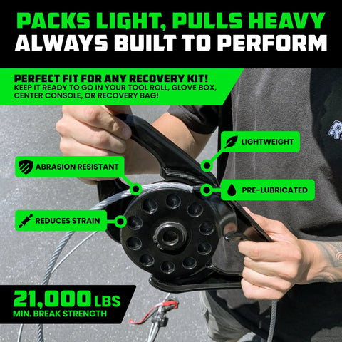 Heavy Duty Snatch Block For Winch Recovery 13.5 Ton Pulley With Aerospace Polymer Sheave And Powder Coated Drop Forged Steel Frame Built Tough For Synthetic Rope And Steel Cable Up To Three Eighths Inch American Owned Family Operated, shown with 21,000 lb rating and rope