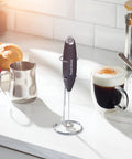 Game Changing Handheld Milk Frother Wand Battery Operated Stainless Steel Drink Mixer with stand on kitchen counter