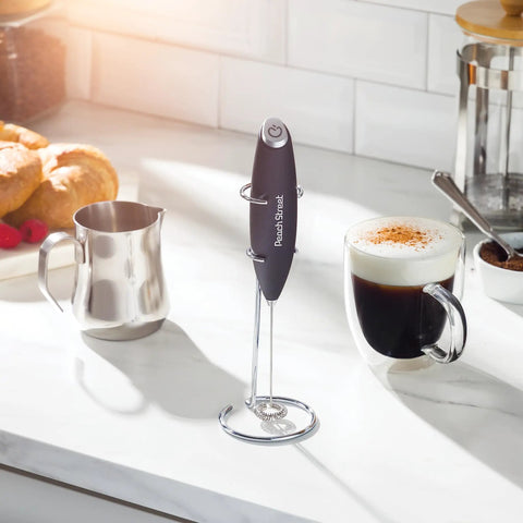 Game Changing Handheld Milk Frother Wand Battery Operated Stainless Steel Drink Mixer with stand on kitchen counter