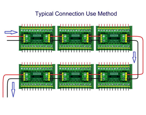 Image showing a Two Row 2x12 Position Screw Terminal Block Distribution Module 30A 300V with multiple modules connected in a series.