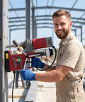 Heavy Duty 1.57 Inch Magnetic Drill Press Featuring Kickin 13000N Hold And Variable Speed Control Portable Electric Mag Drill in use.