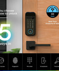 Secure View 3-In-1 Smart Lock Deadbolt With Video Doorbell And 2K HDR Camera installed on wooden door, CES award badge visible.