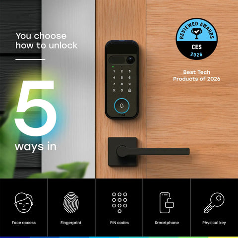 Secure View 3-In-1 Smart Lock Deadbolt With Video Doorbell And 2K HDR Camera installed on wooden door, CES award badge visible.