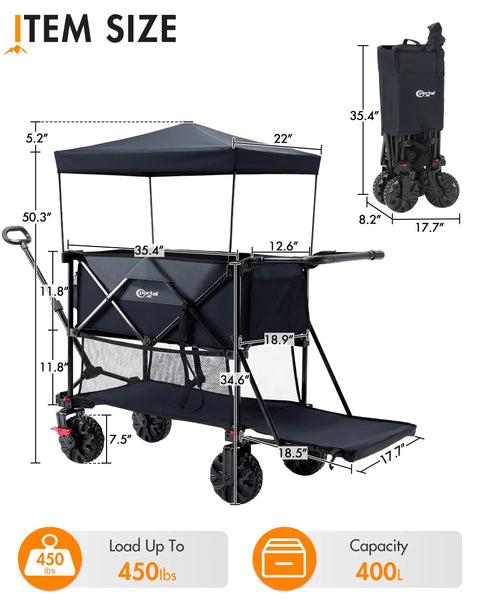 Double Deck Folding Wagon With Canopy And 400L All Terrain Large Capacity Heavy Duty Cart 450 Pound Load Brakes dimensions